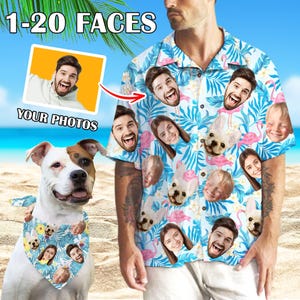 Puede incluir: Una camisa de manga corta y una bandana para perros con caras personalizadas sobre un estampado floral tropical. La camisa y la bandana tienen un fondo azul con flamencos rosas y flores blancas. El texto en la imagen dice "1-20 FACES" y "YOUR PHOTOS."