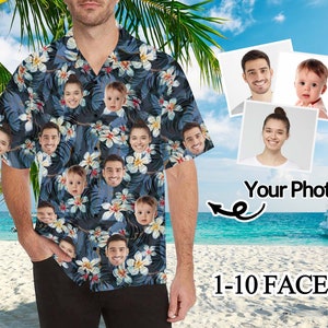 Personalized Man&#39;s All-Over Print Hawaiian Shirt, Custom Father&#39;s Day Gifts from Son and Daughter, Put 1-10 Diff Faces on Hawaii Shirt