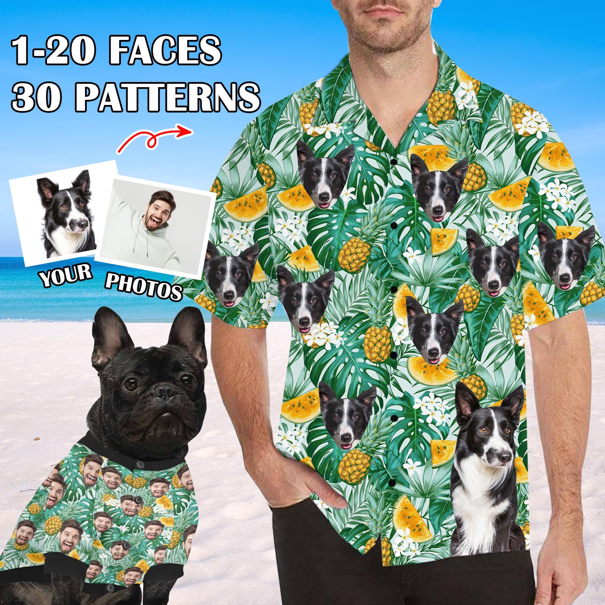 Custom Hawaiian Shirt with Pet Faces, Holiday Tropical Pattern Shirt with Photo, Custom Dog Shirt, Dog Owner Matching Shirt, Pet Lovers Gift