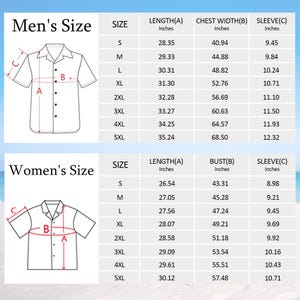 以下が含まれることがあります： 男性用と女性用のシャツのサイズチャート。長さ、胸囲、袖丈の測定値はインチです。サイズはSから5XLまで。チャートは水色の背景にあります。