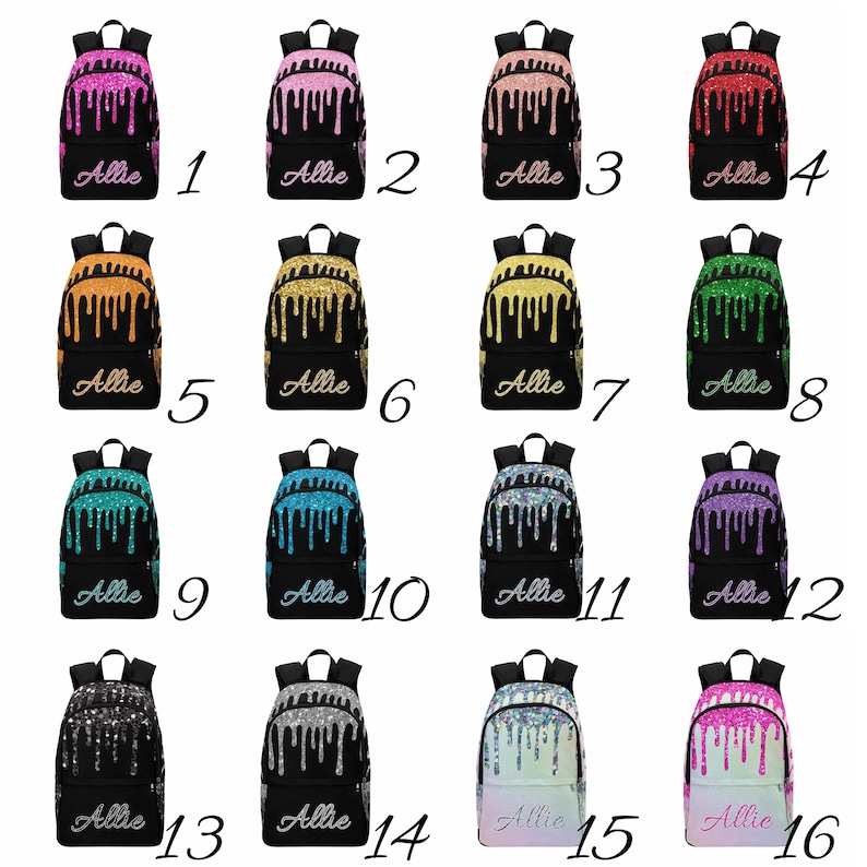 May include: A set of 16 black backpacks with glitter and a drip design. Each backpack has a different color glitter and a name tag that says "Allie".