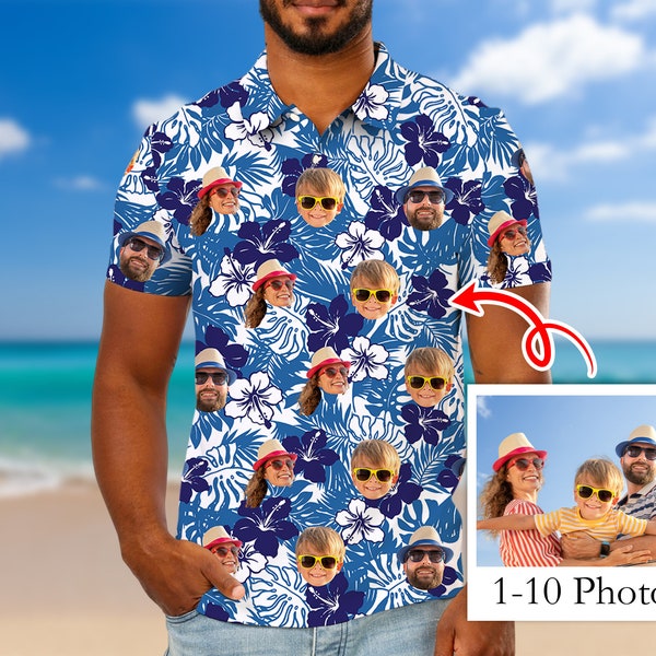 Personalized Hawaiian Polo Shirt with Face, Custom Photo/Logo Polo Shirt for Men, Custom Face Shirt, Custom Short Sleeve, Gift for Dad
