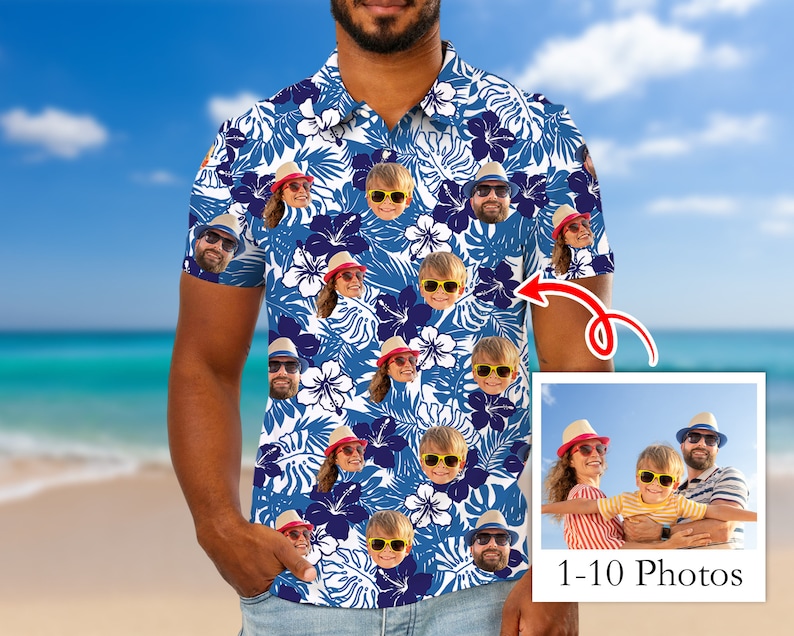 Personalized Hawaiian Polo Shirt with Face, Custom Photo/Logo Polo Shirt for Men, Custom Face Shirt, Custom Short Sleeve, Gift for Dad image 1