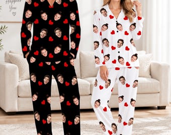 Custom Photo Heart Pajamas Set: Personalized Couple PJs (100% Polyester)