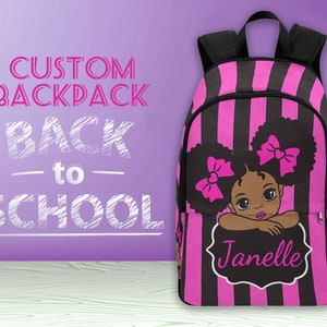 Sac à dos Afro Girl personnalisé, sac d'école rose et noir personnalisé pour filles, cartable personnalisé, cadeaux de rentrée scolaire pour fille