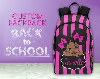 Custom Afro Girl  Backpack, Personalized Pink and Black School Bag for Girls, Custom Bookbag, Back to School Gifts for Daughter