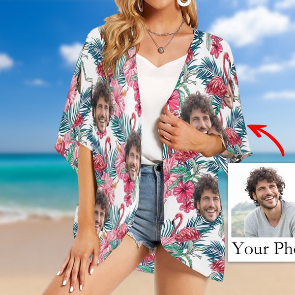Custom Photos Beach Cover Up, Personalized Face Swimwear Cover Up, Bikini Cover Up, Kimono Cover Up, Hawaiian Sheer Beach Duster