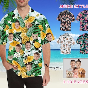 Könnte beinhalten: Ein Mann trägt ein grünes und weißes Hawaiihemd mit tropischem Muster, das Gesichter von Menschen und Tieren zeigt. Das Hemd hat einen Knopfkrag und kurze Ärmel. Das Hemd ist in verschiedenen Ausführungen erhältlich. Der Text "More Styles" und "1-10 Faces" ist auf dem Bild zu sehen.