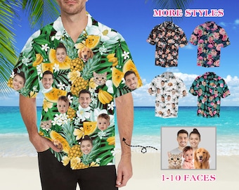 Pineapple Hawaii Face Shirt, Custom Hawaiian shirt with Dogs Cats Faces Logos, Personalized Button Up Shirt, Birthday Bachelor Party Shirt