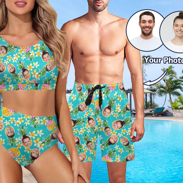 Personalized Photo Couples Matching Swimsuit, Custom  Hawaiian Swimwear,  Crop Top Bikini Set for Women , Men's Mid-Length Casual Shorts