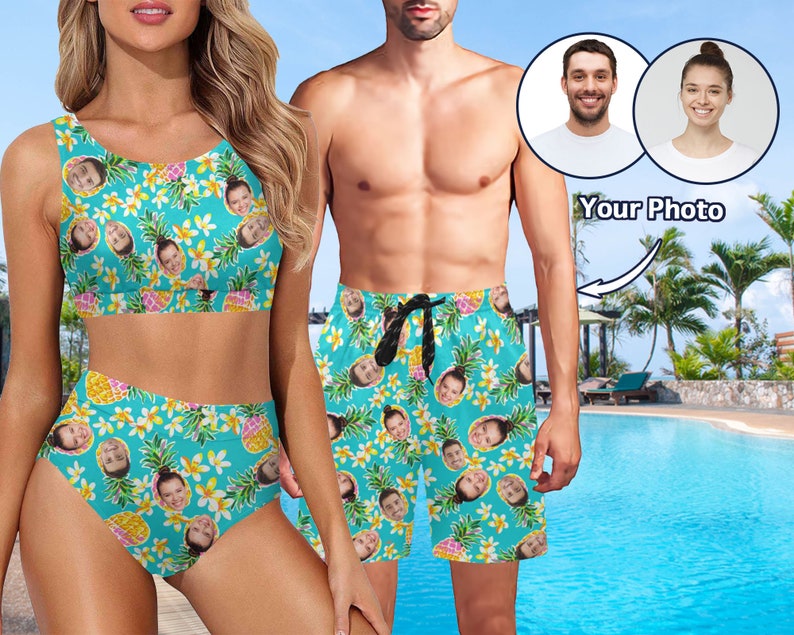 Personalized Photo Couples Matching Swimsuit, Custom  Hawaiian Swimwear,  Crop Top Bikini Set for Women , Men's Mid-Length Casual Shorts 