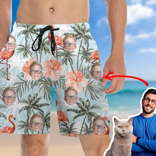 Personalized Face Hawaiian Shorts, Custom Men Swimsuit, Custom Pet Photo Swimwear, Swim Trunk with Face, Men Beach Trunk,Bachelor Party Gift