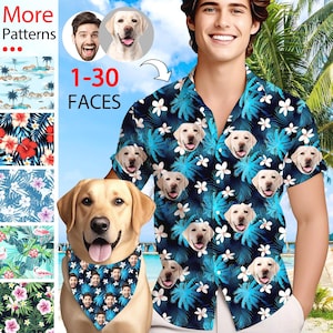May include: A blue Hawaiian shirt with a pattern of white flowers, palm trees, and dog faces. A dog wears a matching bandana. The image includes the text "1-30 FACES" and "More Patterns".