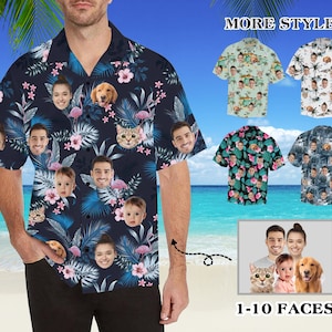 May include: A blue and green Hawaiian shirt with a tropical print featuring various faces, animals, and plants. The shirt has a button-down collar and short sleeves. The text "MORE STYLES" and "1-10 FACES" is visible in the image.