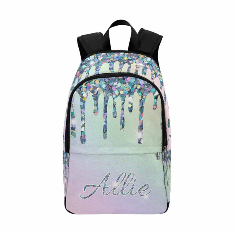 May include: A pastel rainbow colored backpack with a glitter drip design and the name "Allie" written in cursive on the front.