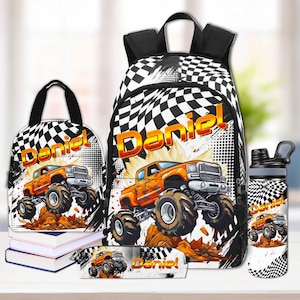May include: A matching school set featuring a backpack, lunch bag, water bottle, and pencil case. Each item displays an orange monster truck design with the name "Daniel" and a black and white checkered pattern.