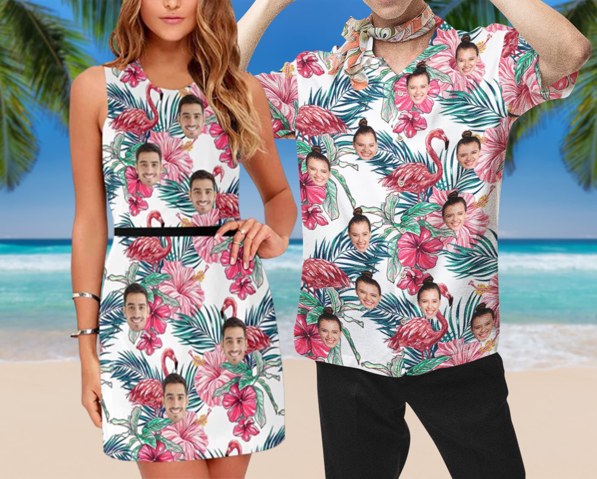 Custom Photo Hawaii Dress Personalized Face Hawaiian Shirt Custom Summer Floral Beach Dress Couples Matching Outfits for Vacation Etsy
