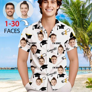 May include: White short-sleeved button-down shirt with a graduation theme. The shirt features a repeating pattern of graduation caps, diplomas, and faces. The text "I'm Done!" and "Congrats!" are printed on the shirt.