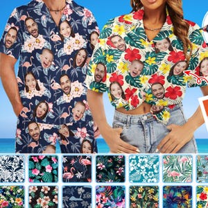 May include: Two short-sleeved button-down shirts with custom face prints on a tropical floral pattern. One shirt is navy blue with pink flamingos and the other is yellow with red hibiscus flowers. The shirts are part of a clothing collection.