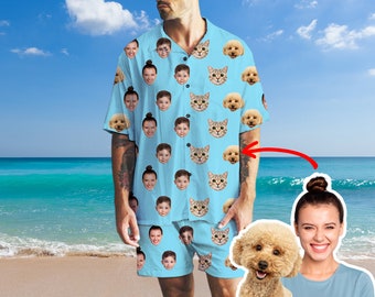 Custom Pets Cat Dog Face Shirt, Man's All Over Print Hawaiian Shirts with Pictures, Beach Party Matching Shirt, Hawaii Honeymoon Shirt