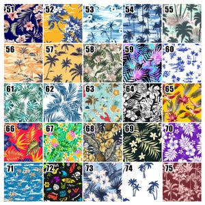 以下が含まれることがあります： 熱帯および花のパターンを特徴とする生地の見本コレクション。デザインには、ヤシの木、ハイビスカスの花、その他の熱帯の葉が、青、黄、緑、紫などのさまざまな色で含まれています。各見本には番号が付けられています。