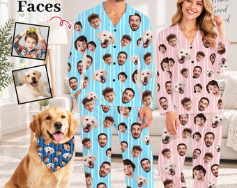 Custom Photo Stripe Pajamas Set: Personalized Face PJs, Matching Pet Pajamas Sets