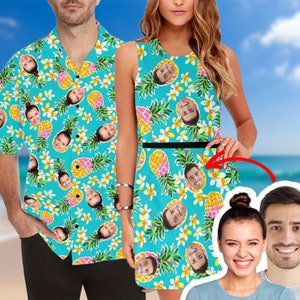 Custom Face Hawaii Shirt and Beach Dress, Personalized Couples Matching Outfits for Holiday, Women's Sleeveless Dress, Man's Hawaiian Shirt