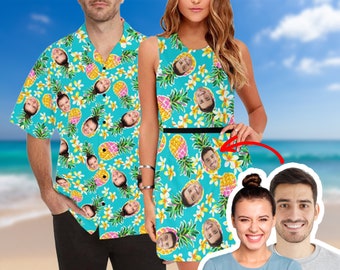 Custom Face Hawaii Shirt and Beach Dress, Personalized Couples Matching Outfits for Holiday, Women's Sleeveless Dress, Man's Hawaiian Shirt