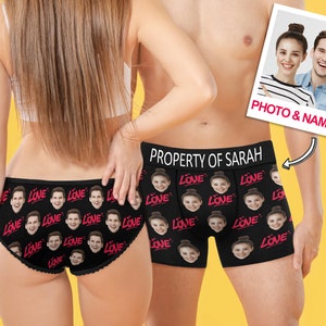 Couple Matching Underwear,Custom Couple Panties Property of Your Name,Custom Face Couple Brief For Men Women,Husband Wife Christmas Gift