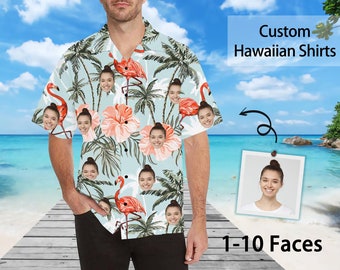 Men&#39;s All Over Print Hawaiian Shirt with Face, Custom photo Flamingo Shirts, Bachelor Party Shirts, Anniversary /Birthday/Vacation Gift