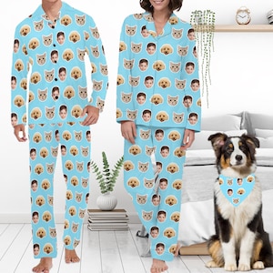 Custom Pajamas, Matching Pet Owner Set, Personalized Photo Pajama set, Dogs Cats Faces Pajamas, Mom’s bday, Gift for Mother Father