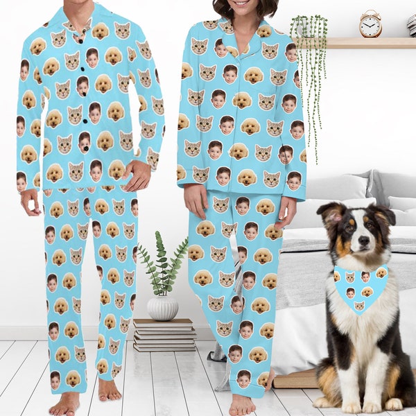 Custom Pajamas, Matching Pet Owner Set, Personalized Photo Pajama set, Dogs Cats Faces Pajamas, Mom’s bday, Gift for Mother Father