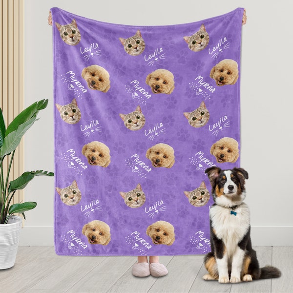 Custom Dogs Cat Faces Blankets with Name, Personalized Pets Blanket for Adults, Dog Dad Mom Gifts, Christmas New Year Birthday Gifts