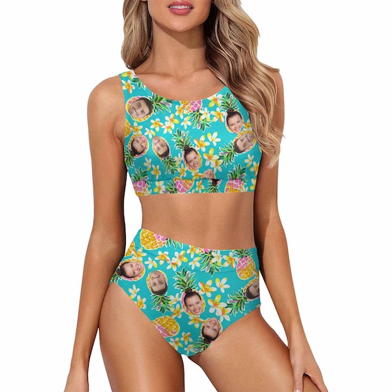 Traje de bano a juego con fotos personalizadas para parejas traje de bano hawaiano personalizado conjunto de bikini con top corto para mujeres pantalones cortos casuales de longitud media para hombres