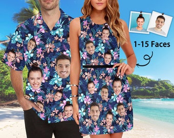 Custom Photo Hawaii Dress and shirt, Custom Women's Sleeveless Dress, Personalized Hawaiian Face Shirt, Matching Couples Set