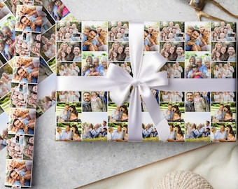 May include: Gift wrap featuring a collage of family photos, tied with a white satin ribbon and bow. The wrapping paper is decorated with numerous individual photographs of various family members. Scissors and a ball of twine are also visible.
