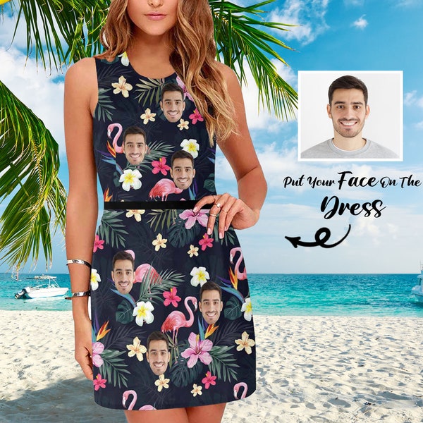 Custom Hawaiian Beach Dress, Personalized Photo Tropical Vacation Beach Dress, Flamingo Beach Dress, Custom Faces Dress