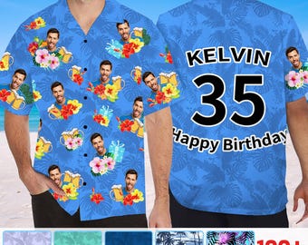 Personalized Birthday Face Hawaiian Shirts, Mens Birthday Party Group Vacation Theme Button Down Shirt
