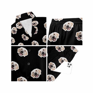Peut inclure: Ensemble de pyjama noir avec un motif r&eacute;p&eacute;t&eacute; de visage de chien. L'ensemble comprend une chemise &agrave; boutons et un pantalon assorti.