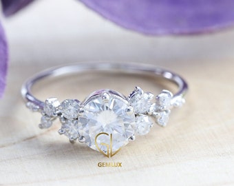 Cluster Engagement Ring, Certified Round Cut Moissanite Ring, Natural Diamonds GH SI1, Wedding Rings, Gift For Her, 10K 14K 18K Gold Ring