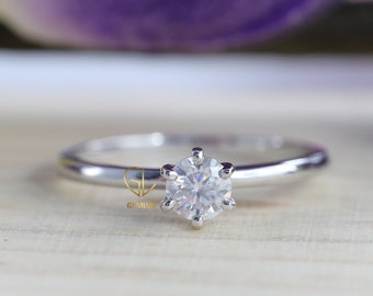 Engagement Wedding Rings, Certified Moissanite Diamond, Round Cut DEF, Solitaire Ring, 10K 14K 18K White Gold, Gift For Her Promise Ring