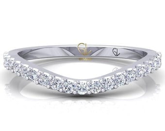 Gebogen trouwring, gecertificeerde natuurlijke diamant rond geslepen GH SI1, minimalistische voorstelband, Chevron verlovingsband, 14K massief gouden ring