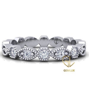Cinturino in diamanti Art Deco in stile vintage, cinturino in oro massiccio, cinturino di colore GH SI1 taglio rotondo con diamante naturale certificato, anello per l&#39;eternità nuziale Milgrain
