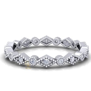 Milgrain Art Deco Band, Full Eternity Wedding Band, Certified Natural Diamond Round Cut GH SI1 Colour Eternity Bezel Set Band Anello in oro 14K