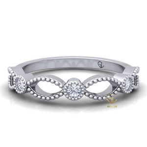 Delicato anello di diamanti vintage, lunetta Art Deco Set fede nuziale, anello impilabile in oro 14k, cinturino di colore GH SI1 taglio rotondo con diamante naturale certificato