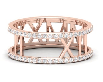 14K Solid Gold Natural Diamond GH SI1 Ring, Custom Roman Numeral Wedding Date Band, Personalized Band, Roman Numeral Ring, Coordinates ring