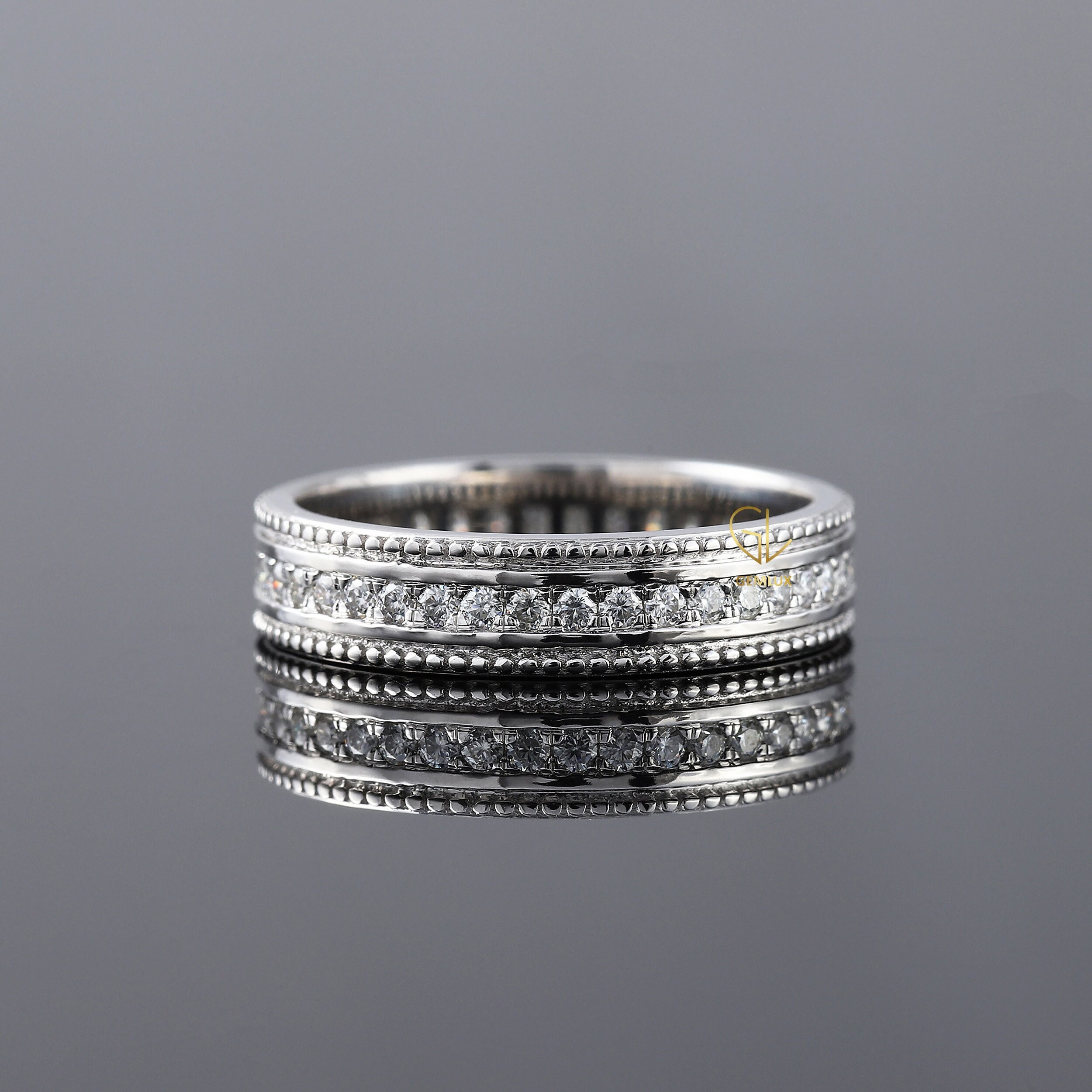 Volledige eeuwigheid trouwring, gecertificeerde rond geslepen diamanten band, vintage stapelen bijpassende bruidsring, 14K gouden ring, jubileumcadeau