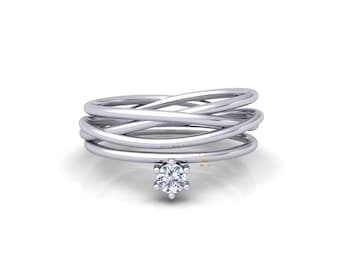 Anillo de compromiso solitario, anillo de color GH SI1 de corte redondo de diamante natural certificado, anillo de boda Criss Cross, anillo cruzado, anillo de oro de 14 quilates