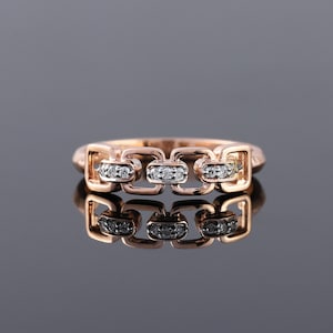 14k Rose Gold Band, Link Chain Ring , Diamond Ring , Solid Gold Diamond Chain Ring, Stacking Ring, Certified Round Natural Diamond Ring