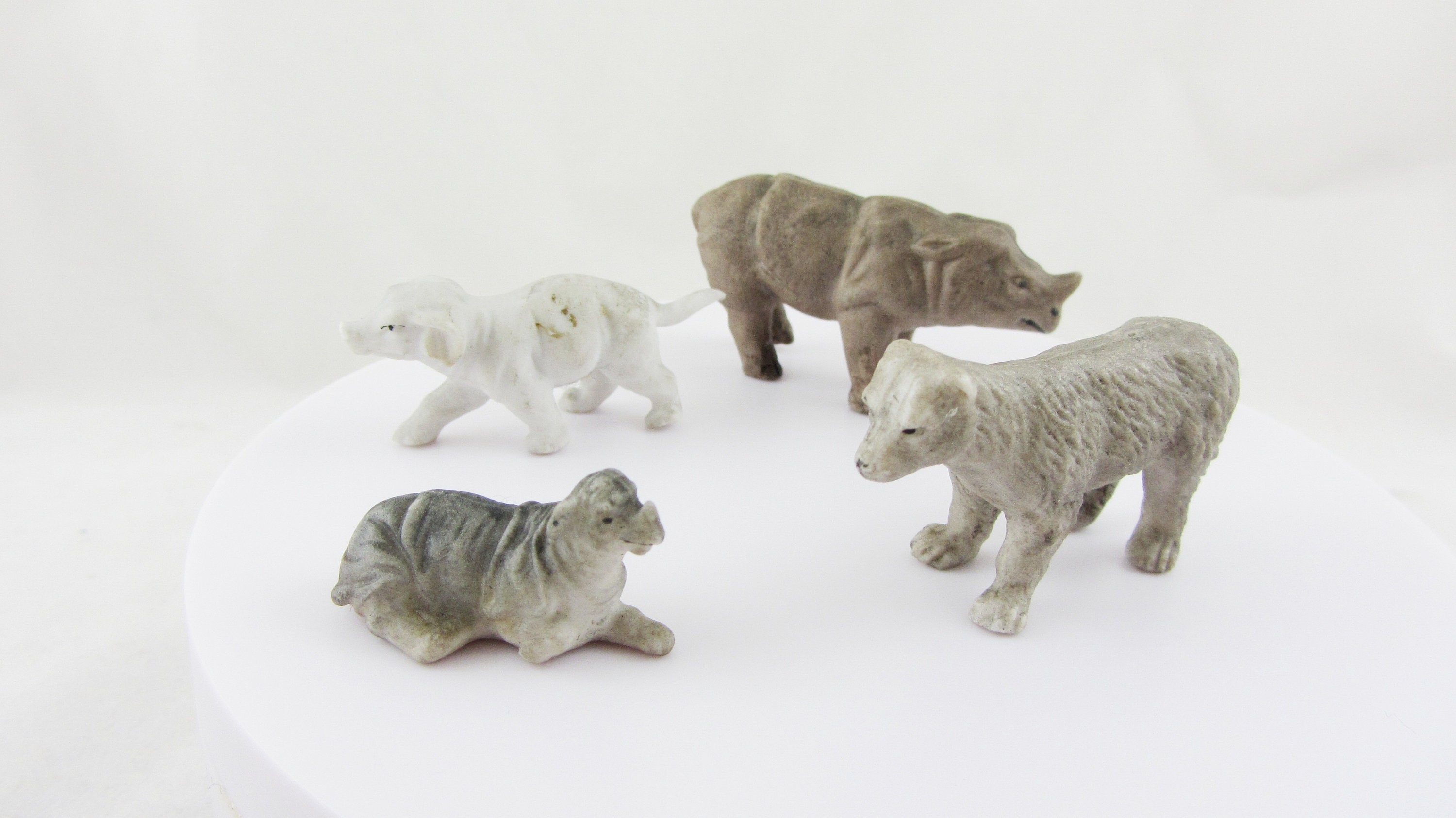 Antique Dolls House Animals Polar Bear, Rhino, Baby Rhino, Elephant